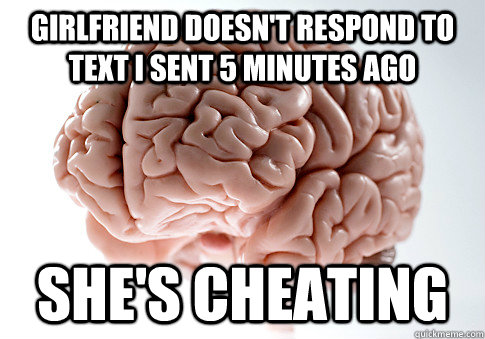 Girlfriend doesn't respond to text i sent 5 minutes ago she's cheating  Scumbag Brain