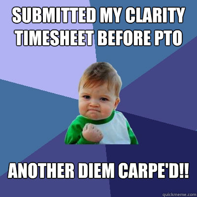 Submitted my clarity timesheet before pto Another Diem Carpe'd!!  Success Kid