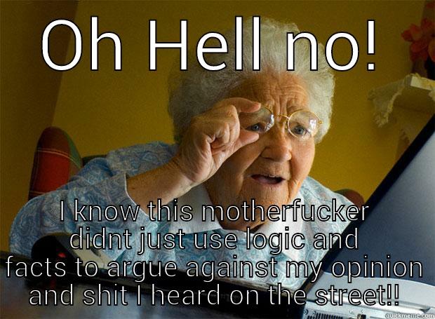 oh hell no grandma - OH HELL NO! I KNOW THIS MOTHERFUCKER DIDNT JUST USE LOGIC AND FACTS TO ARGUE AGAINST MY OPINION AND SHIT I HEARD ON THE STREET!! Grandma finds the Internet