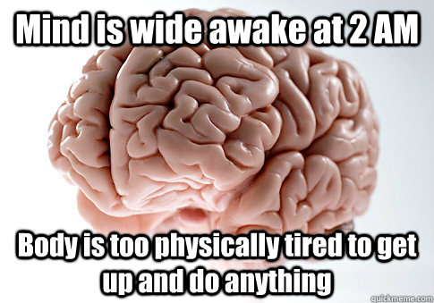 Mind is wide awake at 2 AM Body is too physically tired to get up and do anything  Scumbag Brain