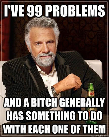 I've 99 Problems And a bitch generally has something to do with each one of them  The Most Interesting Man In The World