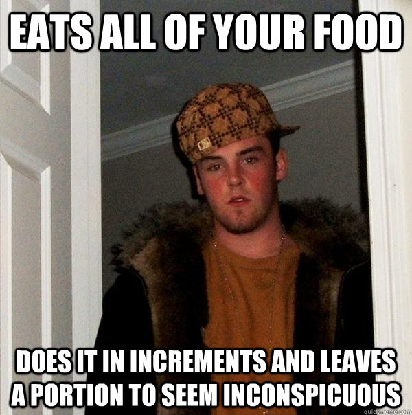 eats all of your food does it in increments and leaves a portion to seem inconspicuous  Scumbag Steve