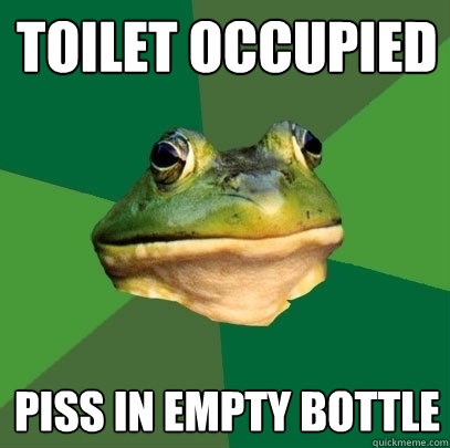 toilet occupied piss in empty bottle  Foul Bachelor Frog