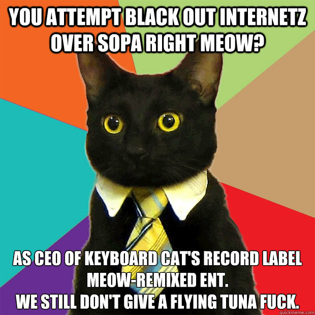 You attempt black out internetz over sopa right meow? As CEO of Keyboard Cat's Record Label Meow-ReMIXed ENT. 
We still don't give a flying tuna fuck.  Business Cat