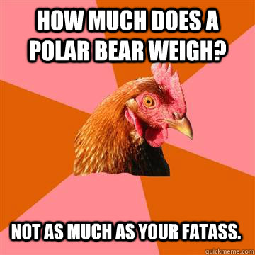 how much does a polar bear weigh? not as much as your fatass.  Anti-Joke Chicken