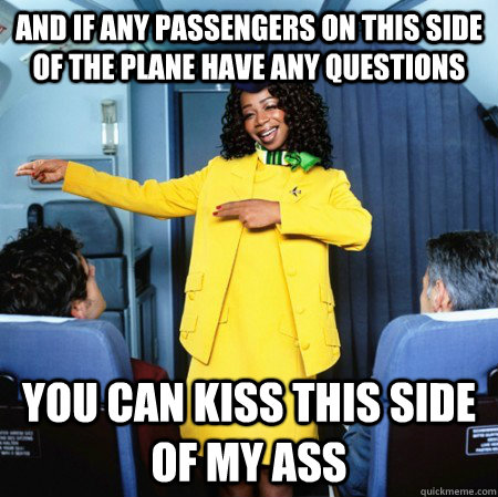 And if any passengers on this side of the plane have any questions you can kiss this side of my ass  