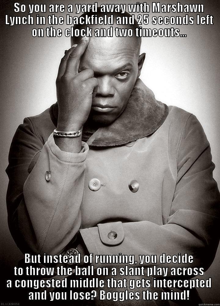 SO YOU ARE A YARD AWAY WITH MARSHAWN LYNCH IN THE BACKFIELD AND 25 SECONDS LEFT ON THE CLOCK AND TWO TIMEOUTS... BUT INSTEAD OF RUNNING, YOU DECIDE TO THROW THE BALL ON A SLANT PLAY ACROSS A CONGESTED MIDDLE THAT GETS INTERCEPTED AND YOU LOSE? BOGGLES THE MIND! Misc