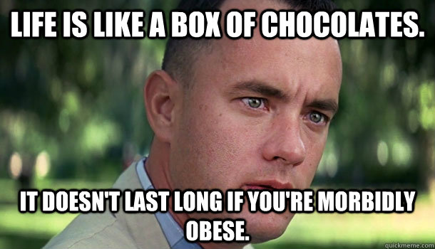 Life is like a box of chocolates. It doesn't last long if you're morbidly obese. - Life is like a box of chocolates. It doesn't last long if you're morbidly obese.  Offensive Forrest Gump