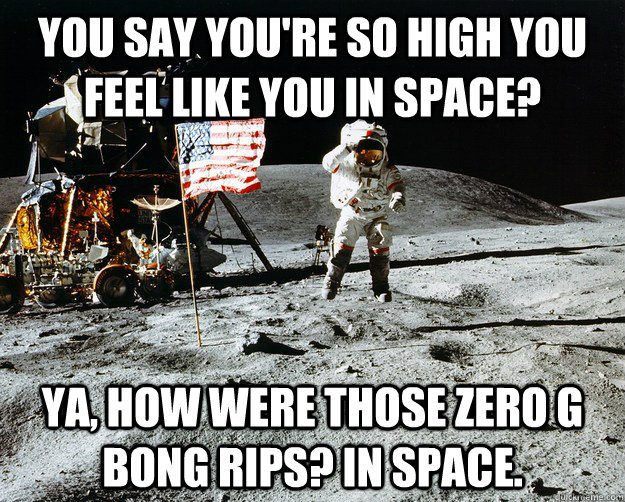 You say you're so high you feel like you in space? ya, how were those zero g bong rips? in space.  Unimpressed Astronaut