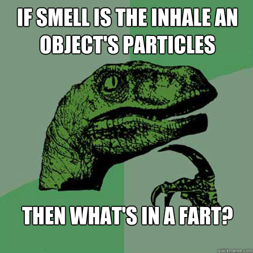 If smell is the inhale an object's particles Then what's in a fart? - If smell is the inhale an object's particles Then what's in a fart?  Philosoraptor