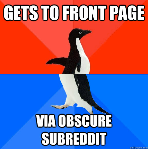 gets to front page via obscure subreddit  Socially Awesome Awkward Penguin