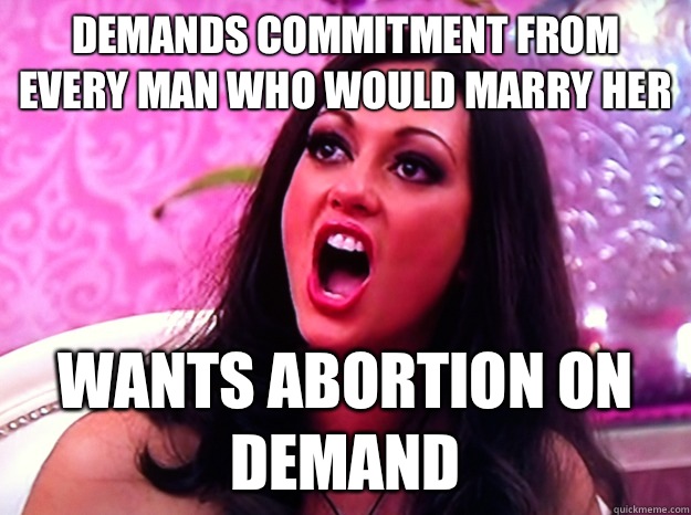 Demands commitment from every man who would marry her Wants abortion on demand  Feminist Nazi