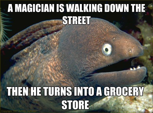 a magician is walking down the street then he turns into a grocery store  Bad Joke Eel