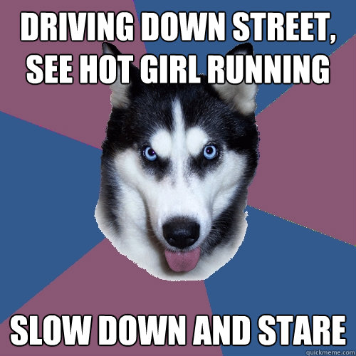 Driving down street, see hot girl running Slow down and stare  Creeper Canine