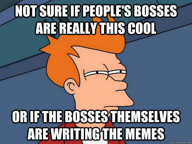 Not sure if people's bosses are really this cool or if the bosses themselves are writing the memes - Not sure if people's bosses are really this cool or if the bosses themselves are writing the memes  Skeptical fry