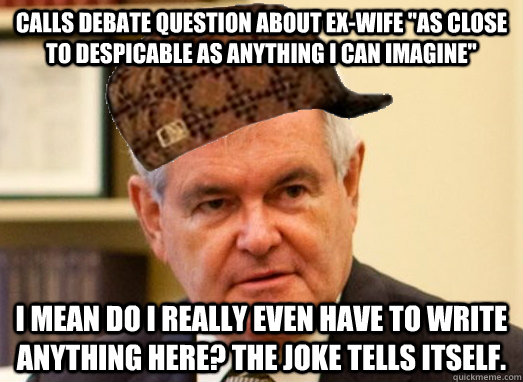 Calls debate question about ex-wife 