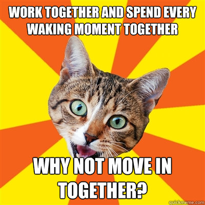 work together and spend every waking moment together Why not move in together?  Bad Advice Cat