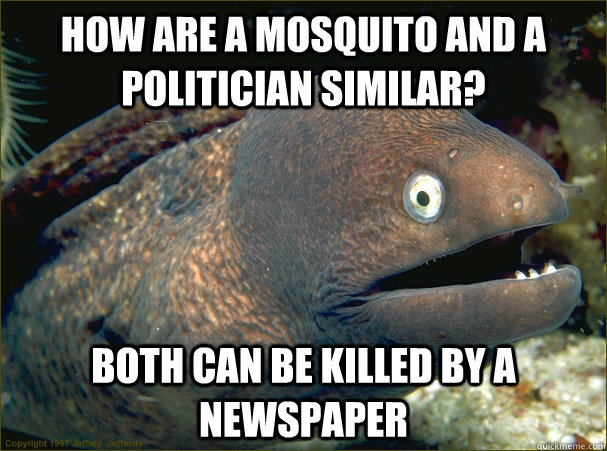 How are a mosquito and a politician similar? Both can be killed by a newspaper  Bad Joke Eel