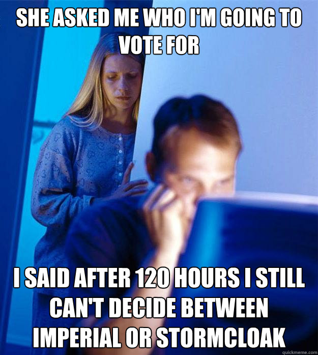 She asked me who I'm going to vote for I said after 120 hours I still can't decide between Imperial or Stormcloak - She asked me who I'm going to vote for I said after 120 hours I still can't decide between Imperial or Stormcloak  Redditors Wife