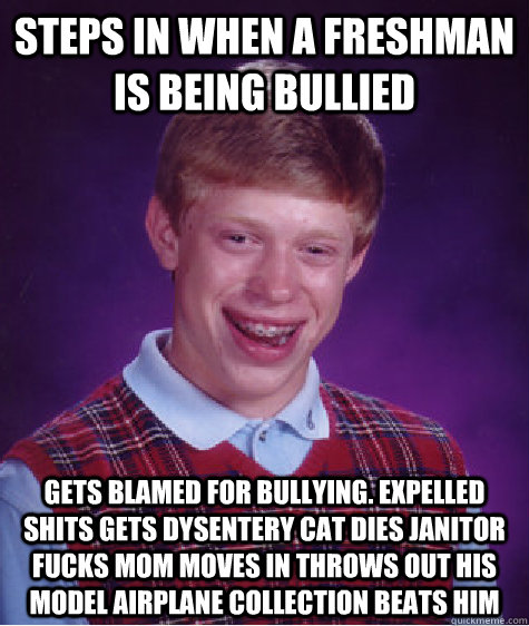 Steps in when a freshman is being bullied gets blamed for bullying. expelled shits gets dysentery cat dies janitor fucks mom moves in throws out his model airplane collection beats him  Bad Luck Brian