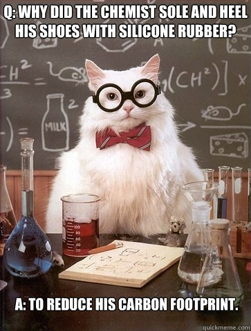 Q: Why did the chemist sole and heel his shoes with silicone rubber? 
 
 A: To reduce his carbon footprint.
 - Q: Why did the chemist sole and heel his shoes with silicone rubber? 
 
 A: To reduce his carbon footprint.
  Chemistry Cat