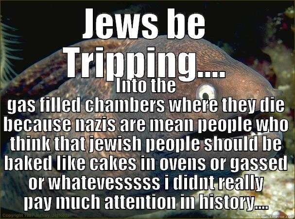 JEWS BE TRIPPING.... INTO THE GAS FILLED CHAMBERS WHERE THEY DIE BECAUSE NAZIS ARE MEAN PEOPLE WHO THINK THAT JEWISH PEOPLE SHOULD BE BAKED LIKE CAKES IN OVENS OR GASSED OR WHATEVESSSSS I DIDNT REALLY PAY MUCH ATTENTION IN HISTORY.... Bad Joke Eel