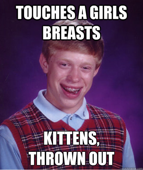 Touches a girls breasts kittens,
thrown out  Bad Luck Brian