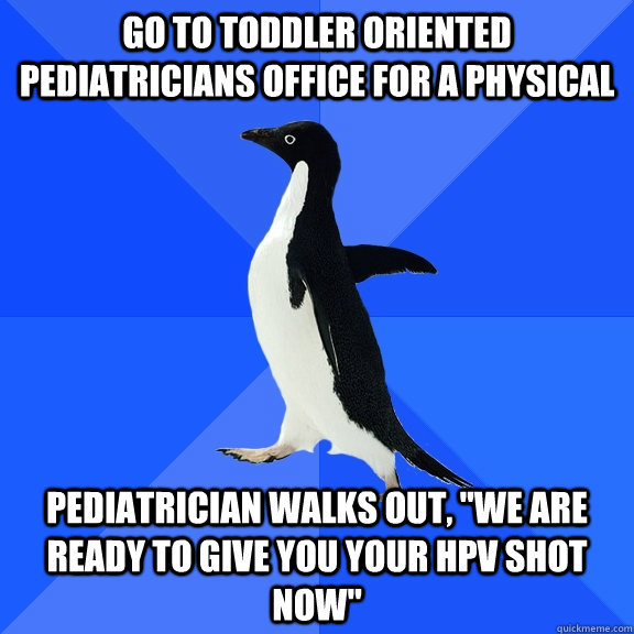 Go to toddler oriented pediatricians office for a physical Pediatrician walks out, 