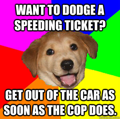 want to dodge a speeding ticket? get out of the car as soon as the cop does.  Advice Dog