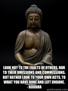  Look not to the faults of others, nor to their omissions and commissions. But rather look to your own acts, to what you have done and left undone.
- Buddha  Buddha