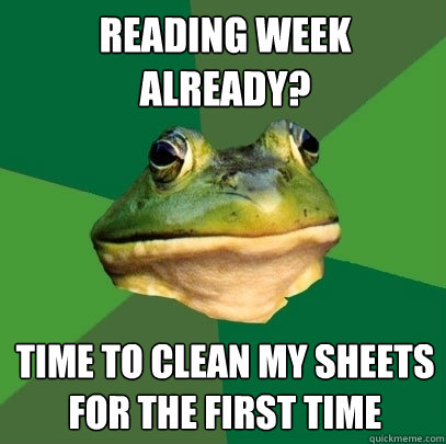 Reading week Already? Time to clean my sheets for the first time - Reading week Already? Time to clean my sheets for the first time  Foul Bachelor Frog