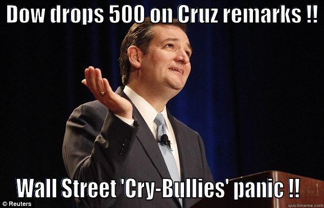 cry bully -  DOW DROPS 500 ON CRUZ REMARKS !!  WALL STREET 'CRY-BULLIES' PANIC !!  Misc