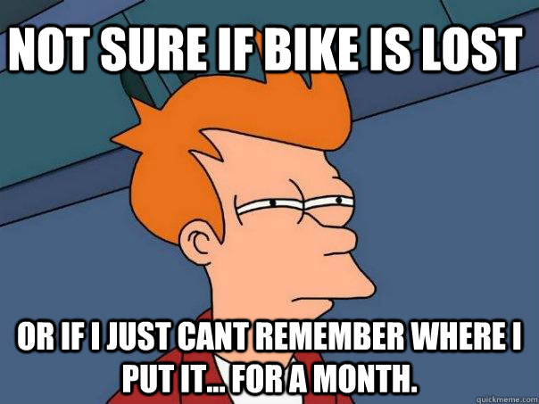 Not sure if bike is lost Or if I just cant remember where I put it... for a month.  Futurama Fry