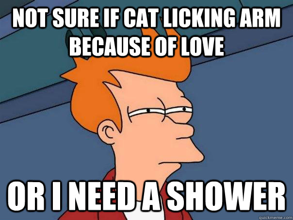 Not sure if cat licking arm because of love or i need a shower  Futurama Fry