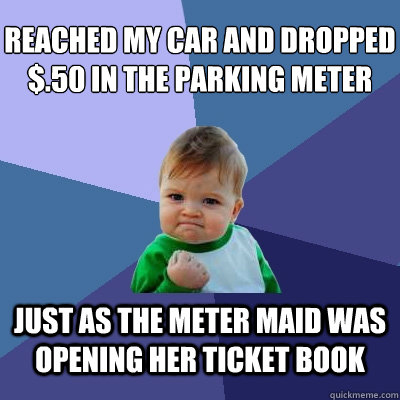 reached my car and dropped $.50 in the parking meter  just as the meter maid was opening her ticket book - reached my car and dropped $.50 in the parking meter  just as the meter maid was opening her ticket book  Success Kid