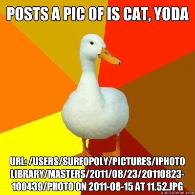 posts a pic of is cat, yoda URL: /Users/surfopoly/Pictures/iPhoto Library/Masters/2011/08/23/20110823-100439/Photo on 2011-08-15 at 11.52.jpg  Tech Impaired Duck