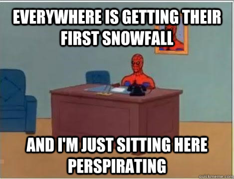 Everywhere is getting their first snowfall and i'm just sitting here perspirating - Everywhere is getting their first snowfall and i'm just sitting here perspirating  Spiderman Masturbating Desk