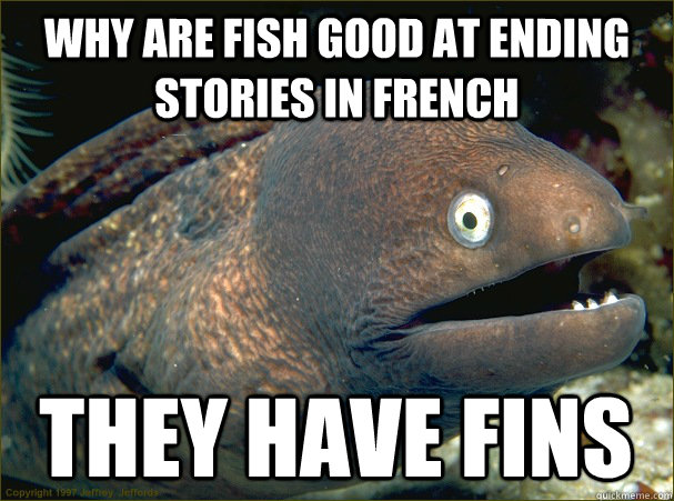 why are fish good at ending stories in french they have fins - why are fish good at ending stories in french they have fins  Bad Joke Eel