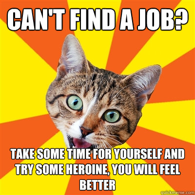 Can't find a job? Take some time for yourself and try some heroine, you will feel better  Bad Advice Cat