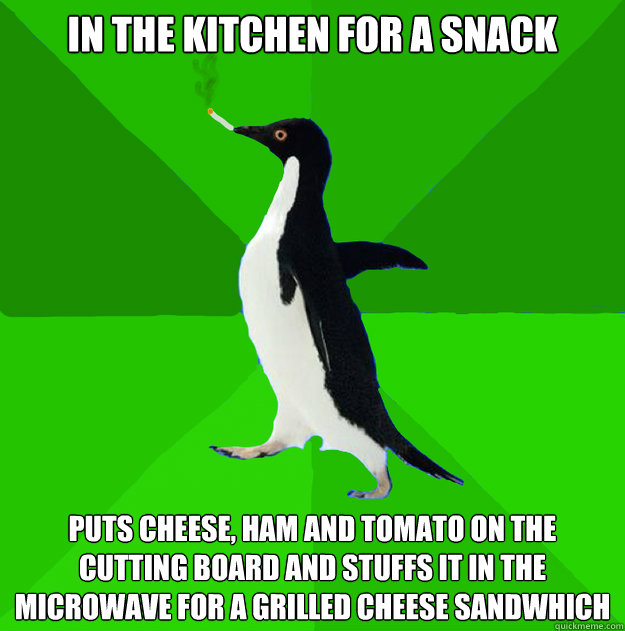 In the kitchen for a snack puts cheese, ham and tomato on the cutting board and stuffs it in the microwave for a grilled cheese sandwhich  Stoner Penguin