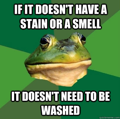 If it doesn't have a stain or a smell It doesn't need to be washed  Foul Bachelor Frog