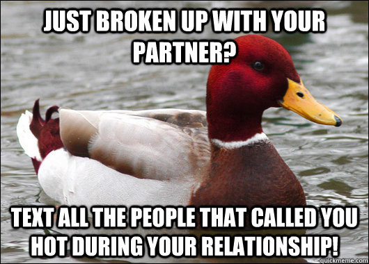 Just broken up with your partner? Text all the people that called you hot during your relationship!  Malicious Advice Mallard