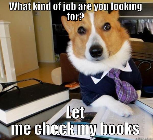 WHAT KIND OF JOB ARE YOU LOOKING FOR? LET ME CHECK MY BOOKS Lawyer Dog