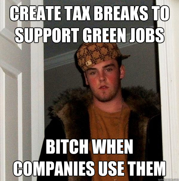 CREATE TAX BREAKS TO SUPPORT GREEN JOBS BITCH WHEN COMPANIES USE THEM  Scumbag Steve