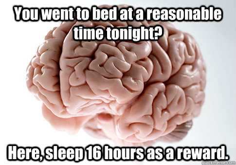 You went to bed at a reasonable time tonight? Here, sleep 16 hours as a reward.   Scumbag Brain