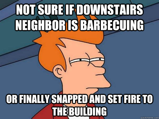 not sure if downstairs neighbor is barbecuing or finally snapped and set fire to the building  Futurama Fry