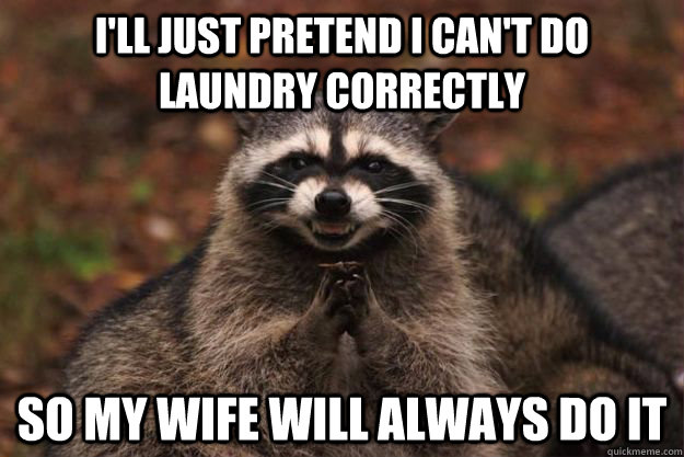 I'll just pretend I can't do laundry correctly so my wife will always do it  Evil Plotting Raccoon