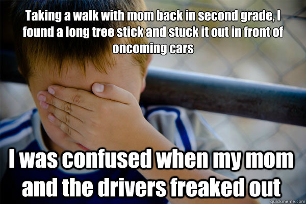 Taking a walk with mom back in second grade, I found a long tree stick and stuck it out in front of oncoming cars I was confused when my mom and the drivers freaked out  Confession kid