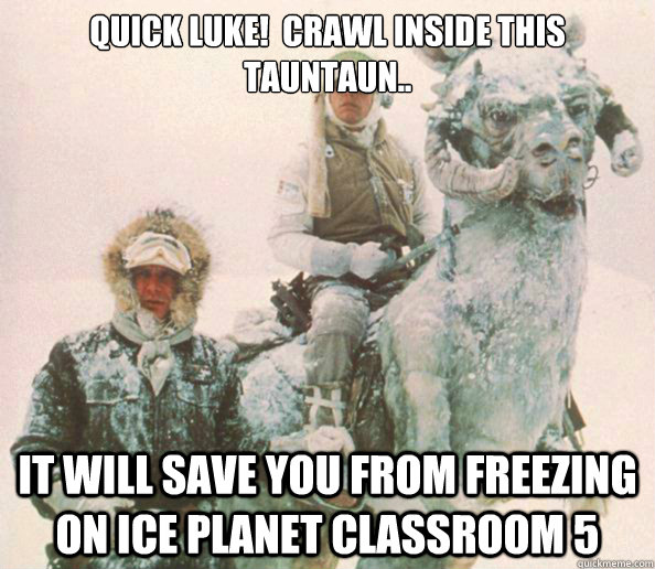 Quick Luke!  Crawl inside this tauntaun.. It will save you from freezing on ice planet Classroom 5  