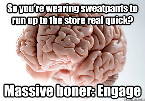 So you're wearing sweatpants to run up to the store real quick? Massive boner: Engage   Scumbag Brain